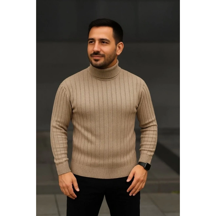 Erkek Tam Boğazlı Balıkçı Yaka Triko Kazak Kalın Fitilli - Bej