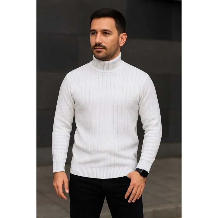 Erkek Tam Boğazlı Balıkçı Yaka Triko Kazak Kalın Fitilli - Beyaz