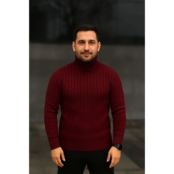 Erkek Tam Boğazlı Balıkçı Yaka Triko Kazak Kalın Fitilli - Bordo