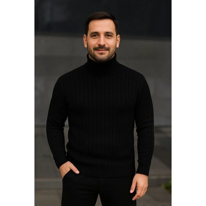 Erkek Tam Boğazlı Balıkçı Yaka Triko Kazak Kalın Fitilli - Siyah