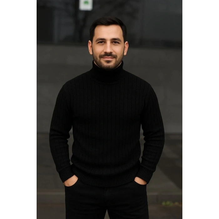 Erkek Tam Boğazlı Balıkçı Yaka Triko Kazak Kalın Fitilli - Siyah