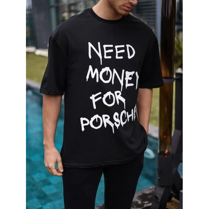 Erkek Tişört Bisiklet Yaka Baskılı Kısa kol Oversize T-Shirt - Siyah