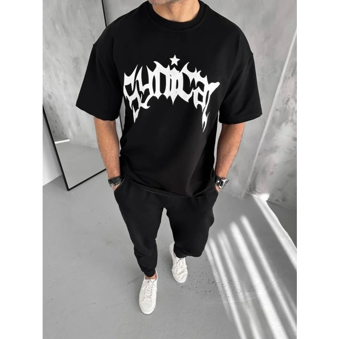 Erkek Tişört Bisiklet Yaka Baskılı Oversize Kısa kol T-Shirt - Siyah