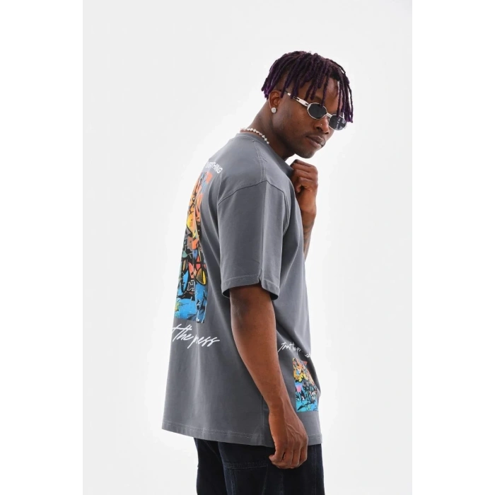 Erkek Tişort  Bisiklet Yaka Baskılı Oversize T-Shirt - Gri