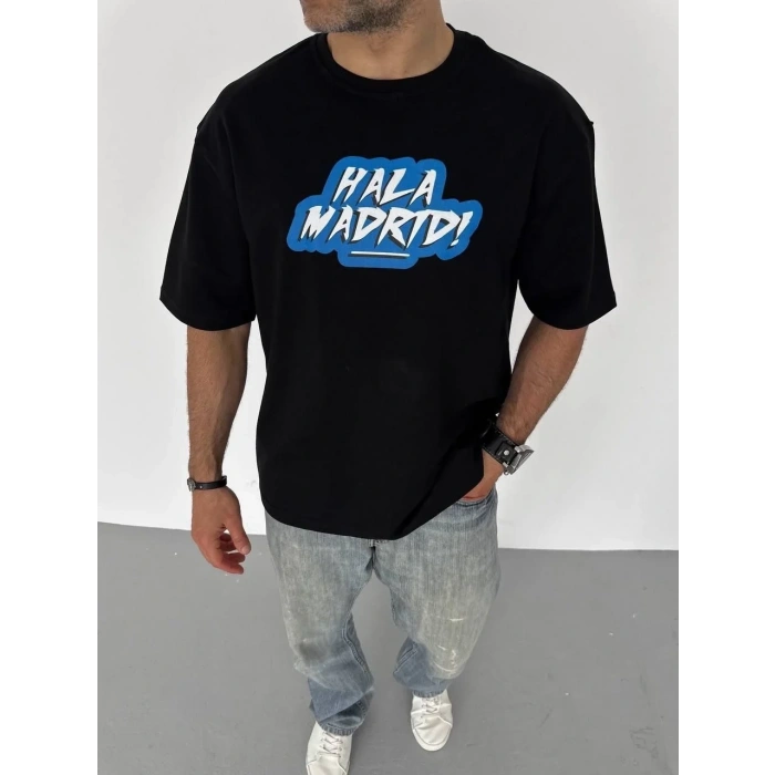 ERKEK Tişört Bisiklet Yaka Baskılı Oversize T-Shirt - Siyah