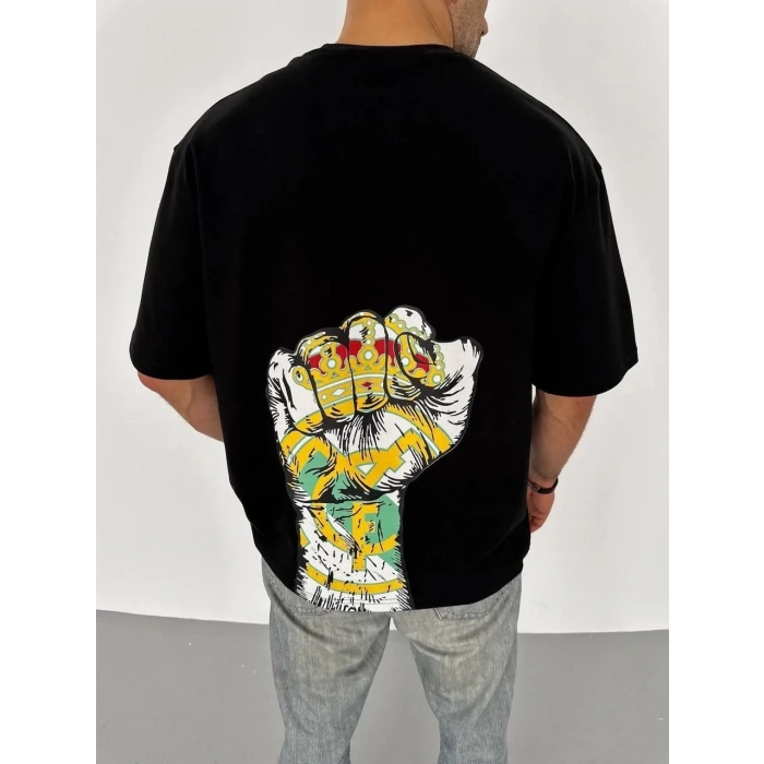 ERKEK Tişört Bisiklet Yaka Baskılı Oversize T-Shirt - Siyah