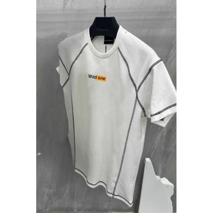 Erkek Tişört Karoyaka Dikişli Oversize T-Shirt - Beyaz