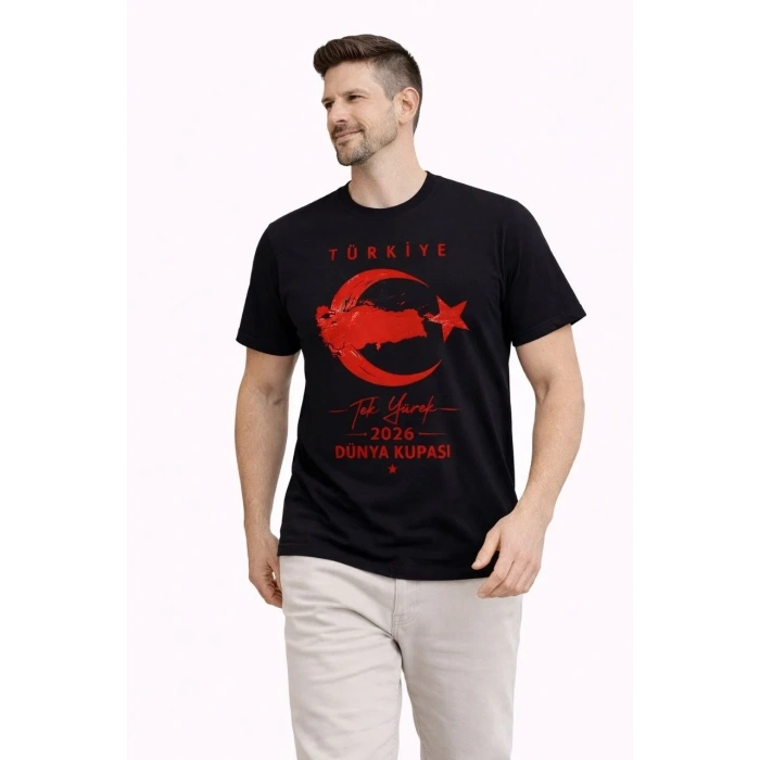 Erkek TÜRKİYE Ay Yıldız Baskılı Taraftar Forma T-Shirt - Siyah