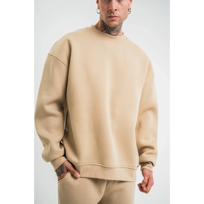 Erkek Uzun Kol Bisiklet Yaka 3 iplik Pamuklu Kışlık SweatShirt  - Bej
