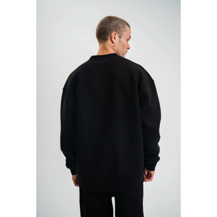 Erkek Uzun Kol Bisiklet Yaka 3 iplik Pamuklu Kışlık SweatShirt - Siyah