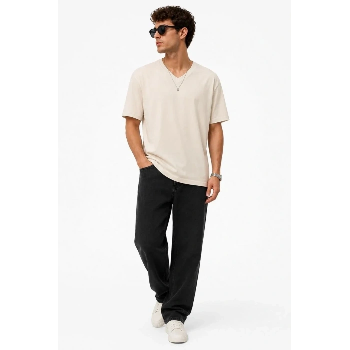 Erkek V Yaka Basic Tişört Kısa Kol Yazlık Regular Fit T-Shirt - Bej
