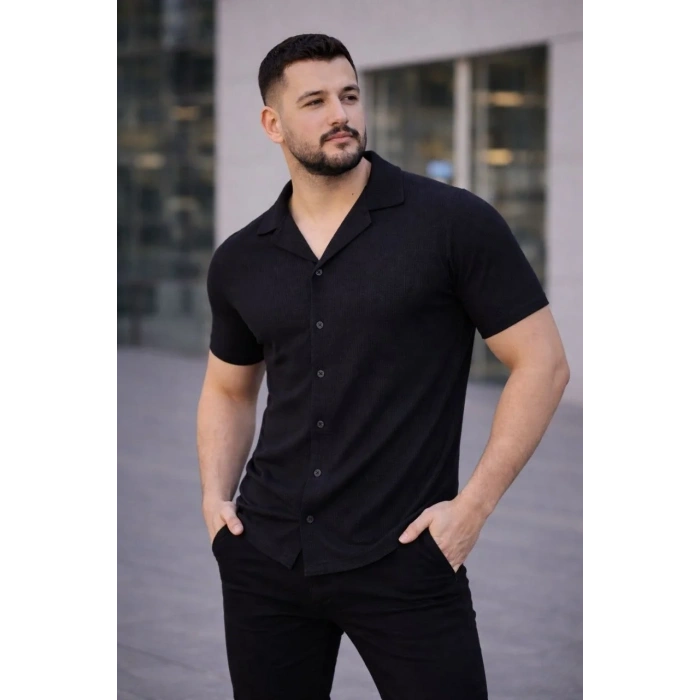 Erkek Waffle Kumaş Açık Yakalı Düğmeli Regular Fit Gömlek 2’li Set Siyah-Beyaz