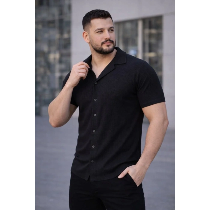 Erkek Waffle Kumaş Açık Yakalı Düğmeli Regular Fit Gömlek 2’li Set Siyah-Saks Mavisi
