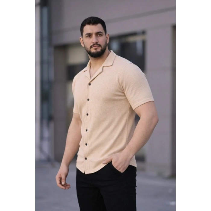 Erkek Waffle Kumaş Kısa Kollu Düğmeli Açık Yaka Regular Fit Gömlek - Bej