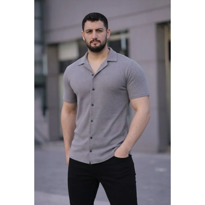 Erkek Waffle Kumaş Kısa Kollu Düğmeli Açık Yaka Regular Fit Gömlek - Gri