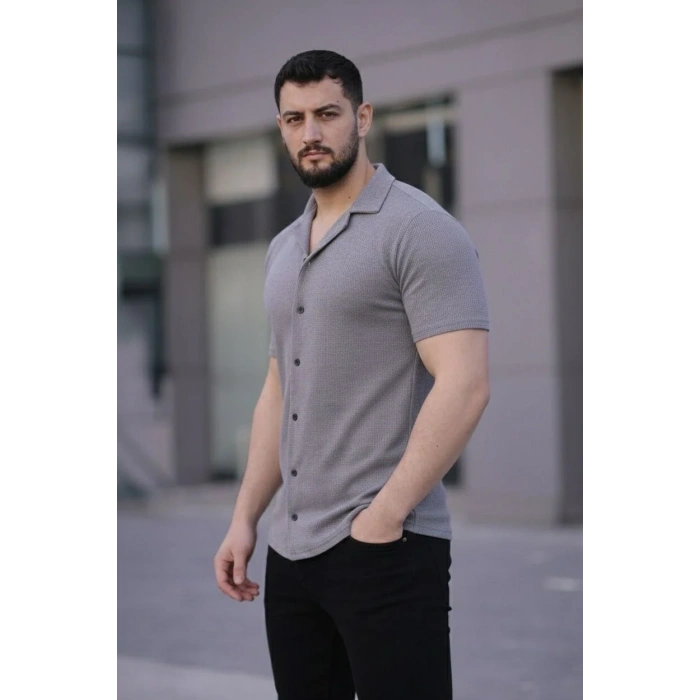 Erkek Waffle Kumaş Kısa Kollu Düğmeli Açık Yaka Regular Fit Gömlek - Gri