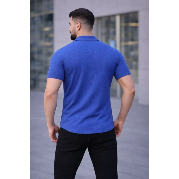 Erkek Waffle Kumaş Kısa Kollu Düğmeli Açık Yaka Regular Fit Gömlek - Saks Mavisi