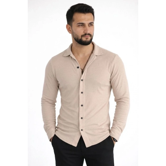 Erkek Waffle Kumaş Uzun Kollu Düğmeli Açık Yaka Regular Fit Gömlek - Bej