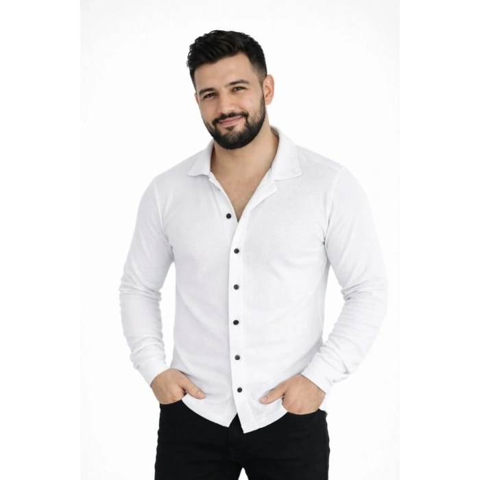 Erkek Waffle Kumaş Uzun Kollu Düğmeli Açık Yaka Regular Fit Gömlek - Beyaz