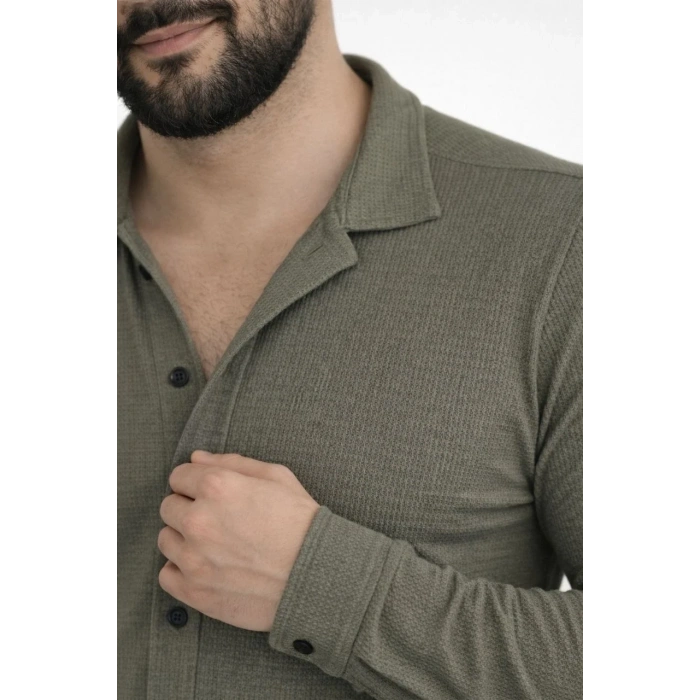 Erkek Waffle Kumaş Uzun Kollu Düğmeli Açık Yaka Regular Fit Gömlek - Haki