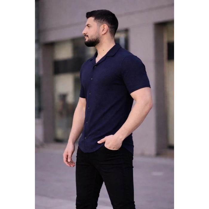 Erkek Waffle Kumaş Yakalı Kısa Kol Düğmeli Gömlek 3’lü Set Siyah-Haki-Lacivert