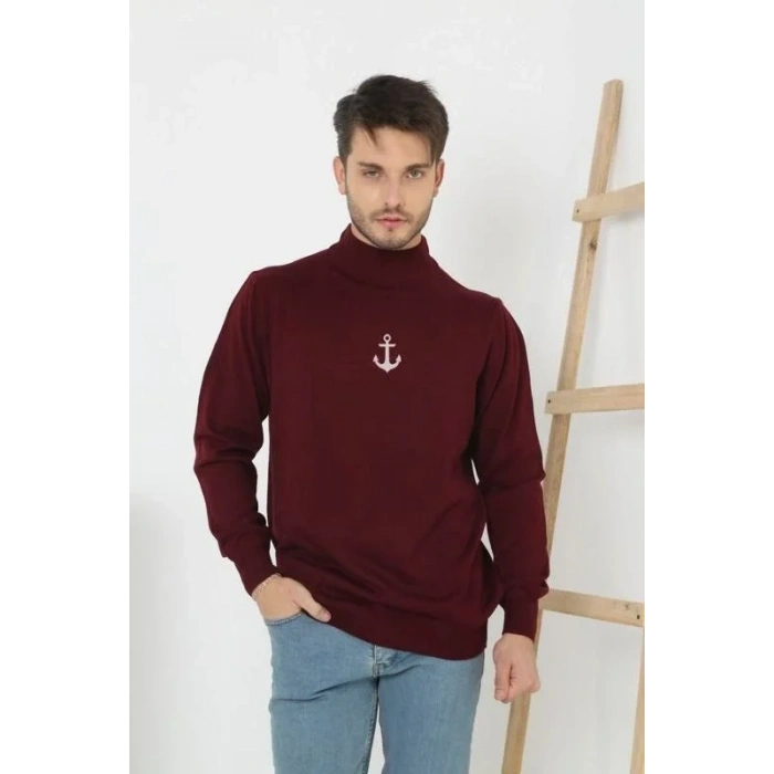 Erkek Yarım Bağazlı Kazak Baskılı Dokuma Triko - Bordo