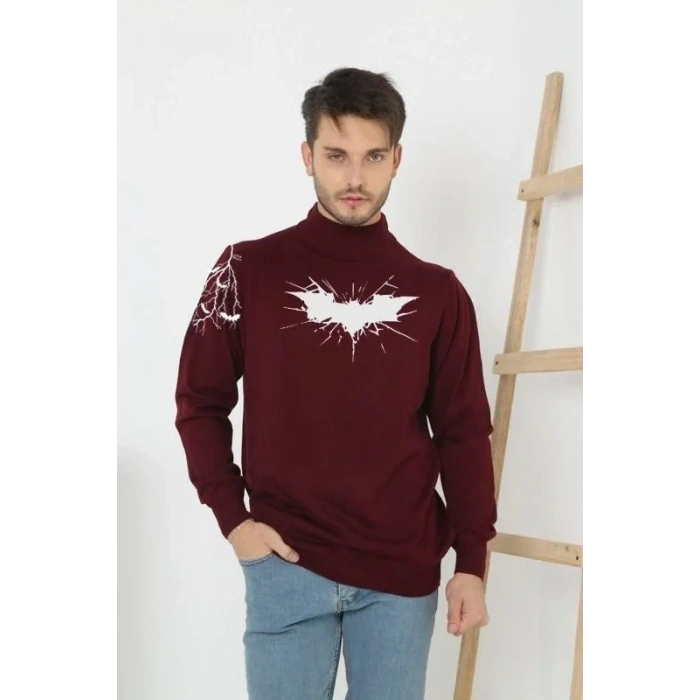 Erkek Yarım Bağazlı Kazak Baskılı Dokuma Triko - Bordo