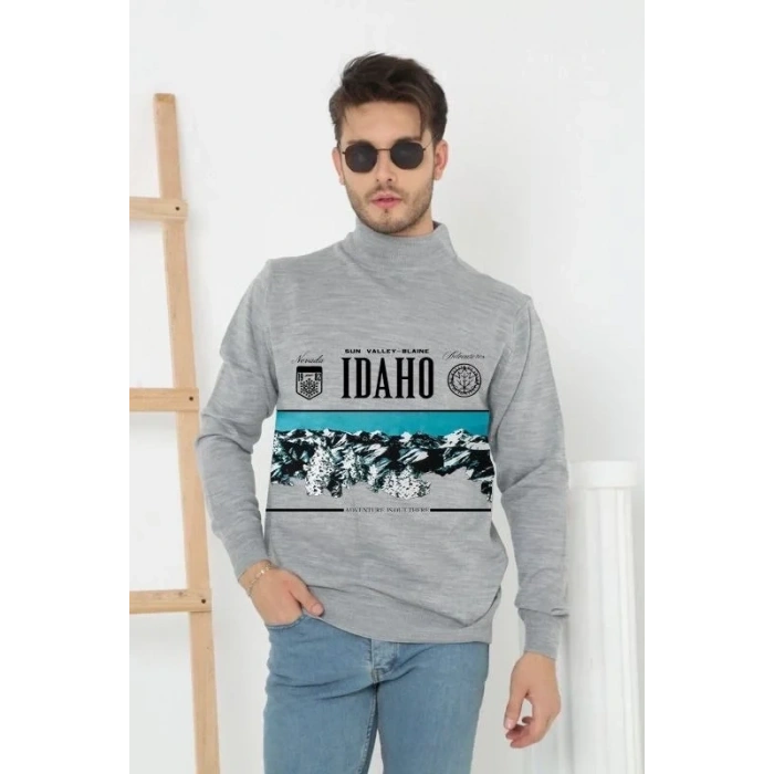 Erkek Yarım Bağazlı Kazak Baskılı Dokuma Triko - Gri