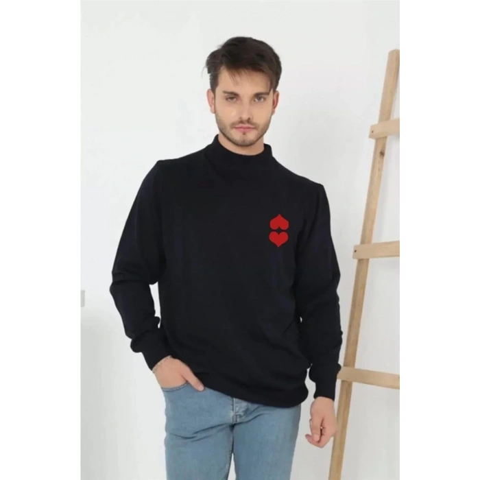 Erkek Yarım Bağazlı Kazak Baskılı Dokuma Triko - Lacivert