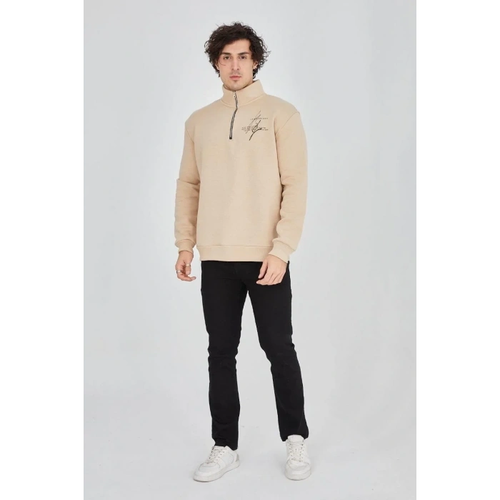 Erkek Yarım Fermuarlı Baskılı 3 iplik pamuklu sweatshirt - Bej