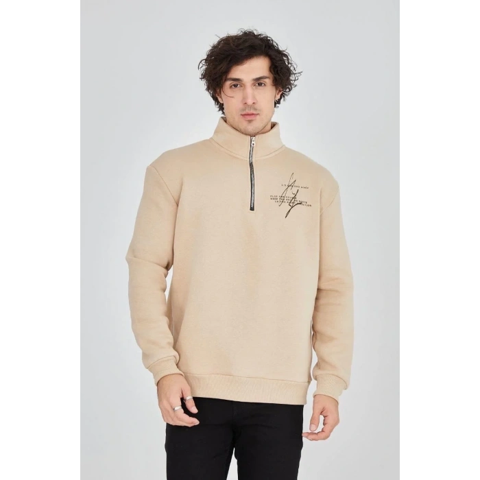 Erkek Yarım Fermuarlı Baskılı 3 iplik pamuklu sweatshirt - Bej