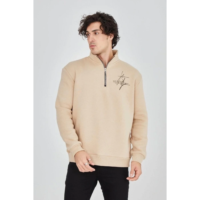 Erkek Yarım Fermuarlı Baskılı 3 iplik pamuklu sweatshirt - Bej