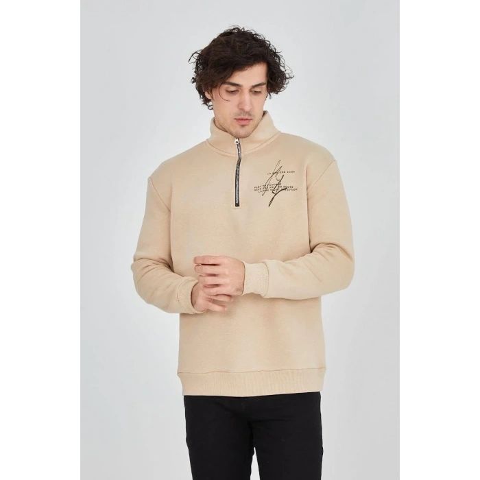 Erkek Yarım Fermuarlı Baskılı 3 iplik pamuklu sweatshirt - Bej