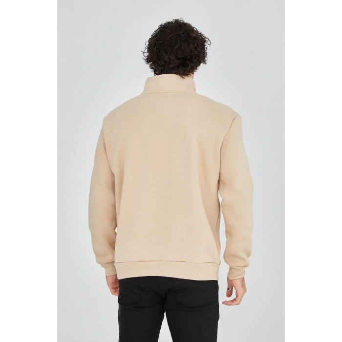 Erkek Yarım Fermuarlı Baskılı 3 iplik pamuklu sweatshirt - Bej