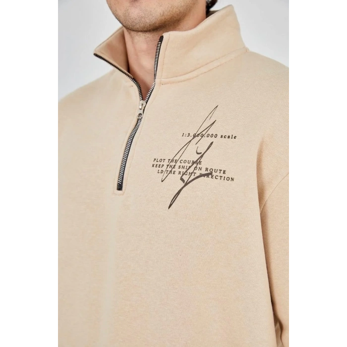 Erkek Yarım Fermuarlı Baskılı 3 iplik pamuklu sweatshirt - Bej