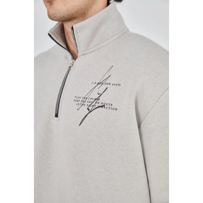 Erkek Yarım Fermuarlı Baskılı 3 iplik pamuklu sweatshirt - Boyalı Gri