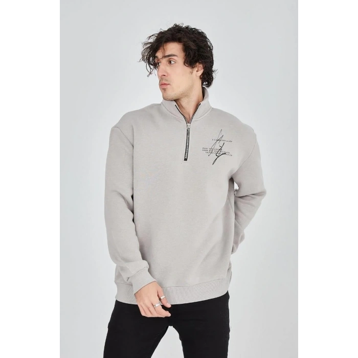 Erkek Yarım Fermuarlı Baskılı 3 iplik pamuklu sweatshirt - Boyalı Gri