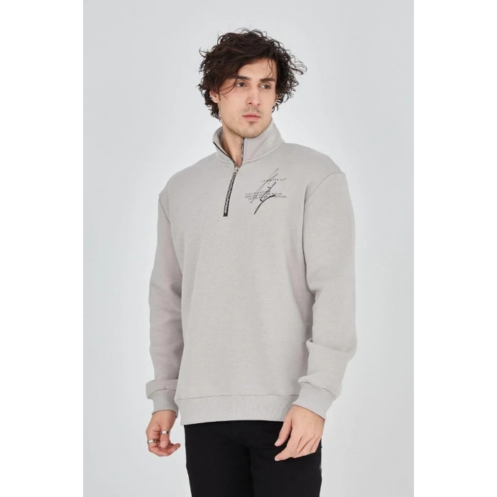 Erkek Yarım Fermuarlı Baskılı 3 iplik pamuklu sweatshirt - Boyalı Gri