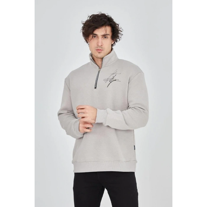 Erkek Yarım Fermuarlı Baskılı 3 iplik pamuklu sweatshirt - Boyalı Gri