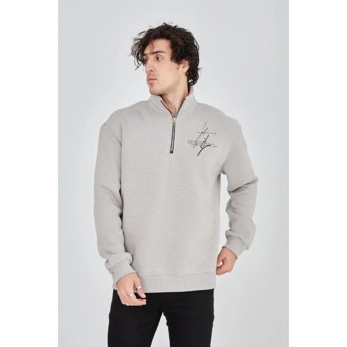 Erkek Yarım Fermuarlı Baskılı 3 iplik pamuklu sweatshirt - Boyalı Gri