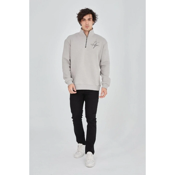 Erkek Yarım Fermuarlı Baskılı 3 iplik pamuklu sweatshirt - Boyalı Gri