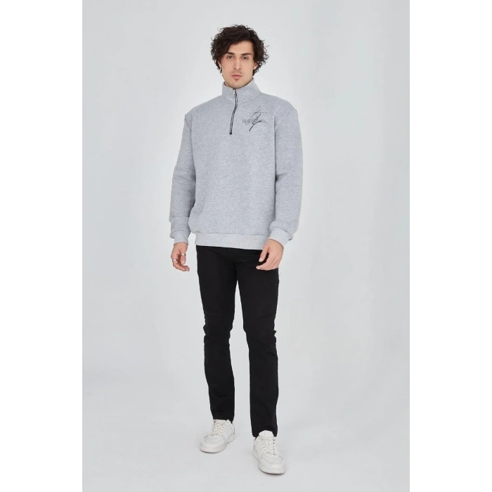 Erkek Yarım Fermuarlı Baskılı 3 iplik pamuklu sweatshirt - Gri