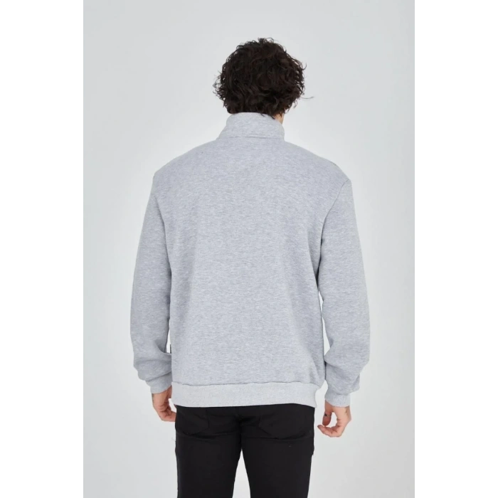 Erkek Yarım Fermuarlı Baskılı 3 iplik pamuklu sweatshirt - Gri