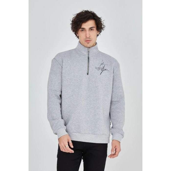 Erkek Yarım Fermuarlı Baskılı 3 iplik pamuklu sweatshirt - Gri