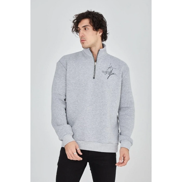 Erkek Yarım Fermuarlı Baskılı 3 iplik pamuklu sweatshirt - Gri