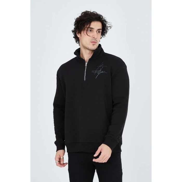 Erkek Yarım Fermuarlı Baskılı 3  iplik pamuklu sweatshirt - Siyah