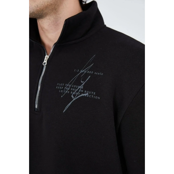 Erkek Yarım Fermuarlı Baskılı 3  iplik pamuklu sweatshirt - Siyah
