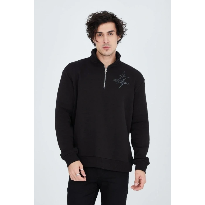 Erkek Yarım Fermuarlı Baskılı 3  iplik pamuklu sweatshirt - Siyah