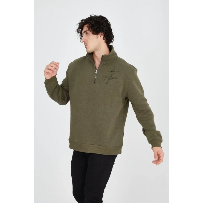 Erkek Yarım Fermuarlı Baskılı 3 iplik pamuklu sweatshirt - Yeşil