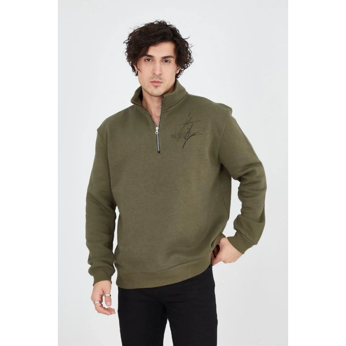 Erkek Yarım Fermuarlı Baskılı 3 iplik pamuklu sweatshirt - Yeşil